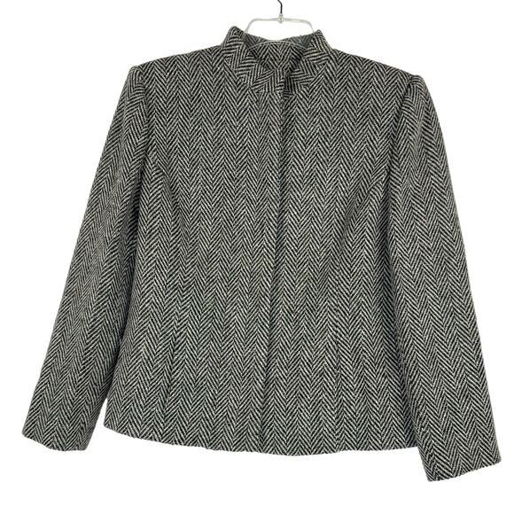 KATE HILL | Black & White Herringbone Peplum Wool Blend Pea Coat | Women's 14P - Picture 1 of 10
